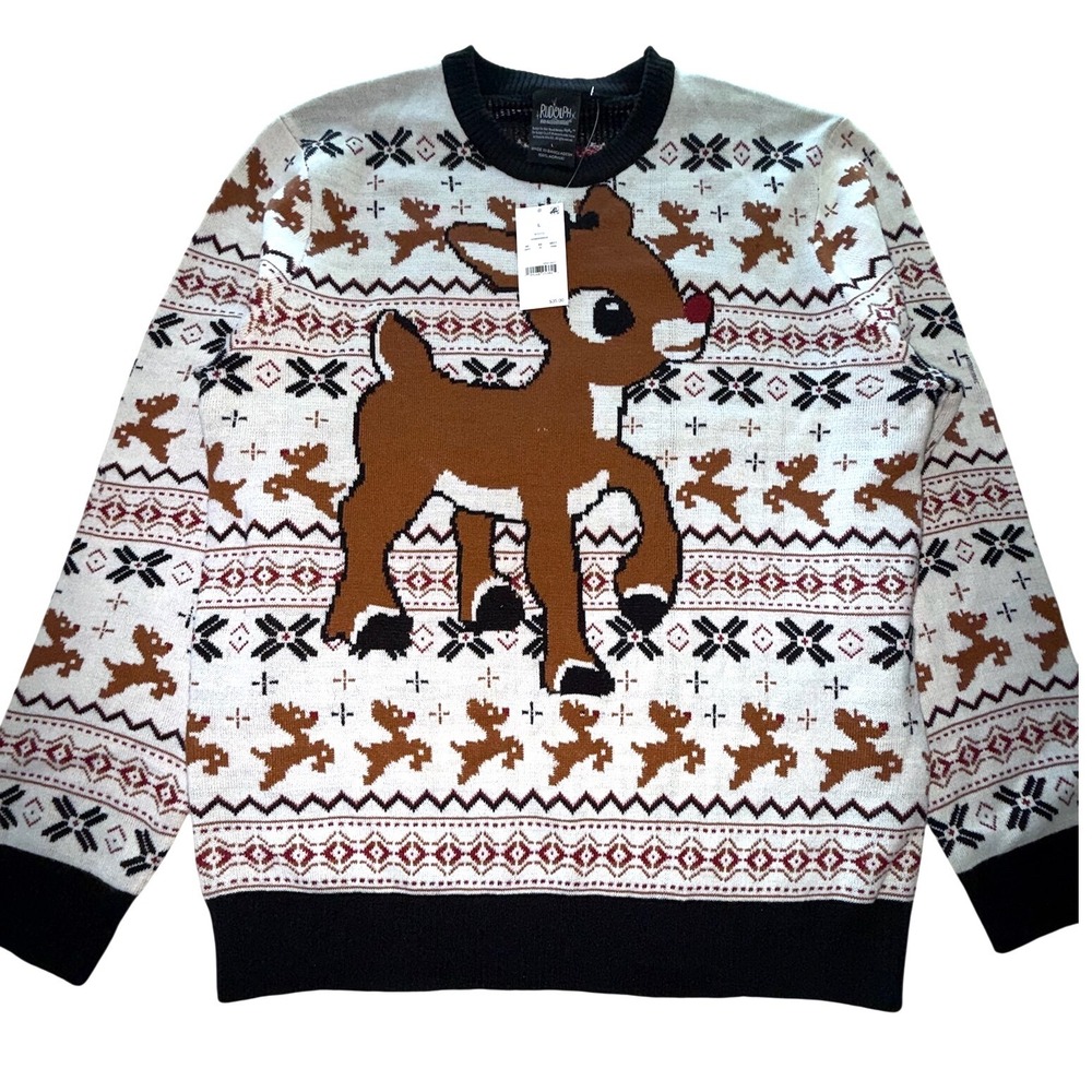 Rudolph the Red-Nosed Reindeer Ugly Christmas Sweater Mens Large White
